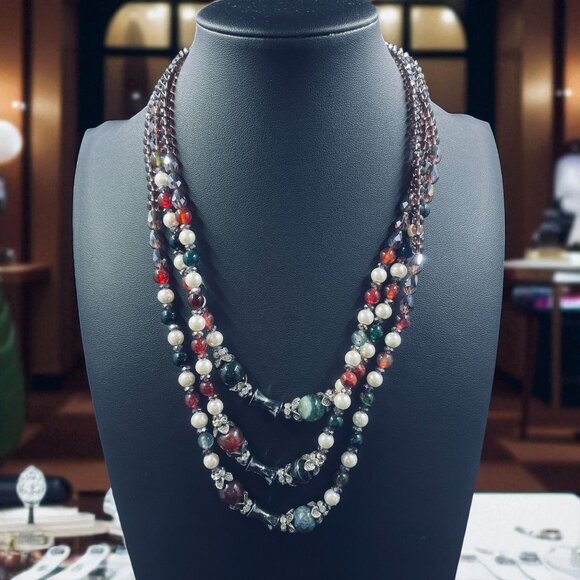 Multi Strand Gemstone Pearl Beaded Necklace Boho Layered Statement Jewelry - Picture 1 of 7